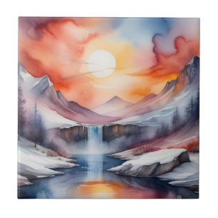 Aquarell von schneebedeckten Bergen unter dem Sonn Fliese