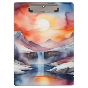 Aquarell von schneebedeckten Bergen unter dem Sonn Klemmbrett
