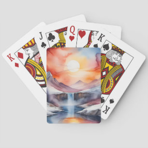 Aquarell von schneebedeckten Bergen unter dem Sonn Spielkarten