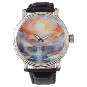 Aquarell von schneebedeckten Bergen unter Sonnenun Armbanduhr