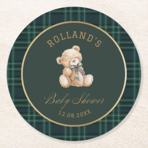 Aquarell-Vorbereitung kariert Teddybär-Baby-Party Runder Pappuntersetzer