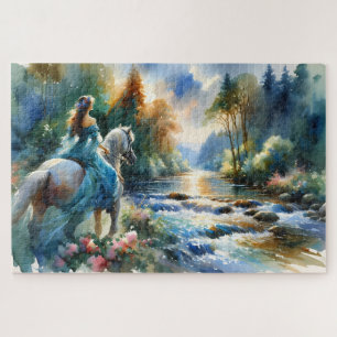 Aquarell-Wald-Fluss-Reiterin-Traumlandschaft