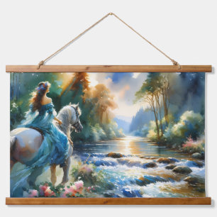 Aquarell-Wald-Fluss-Reiterin-Traumlandschaft Wandteppich Mit Holzrahmen