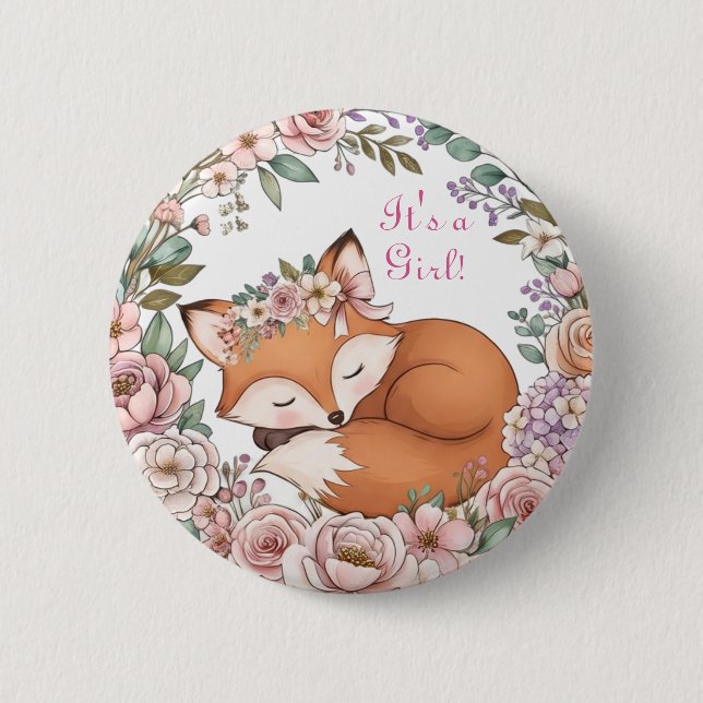 Aquarell Wald Fuchs  Es ist ein Mädchen Button (Vorderseite)