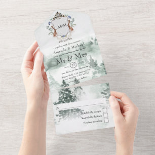 Aquarell-Wald-Lorbeer-Wappen-Monogramm-Hochzeit All In One Einladung