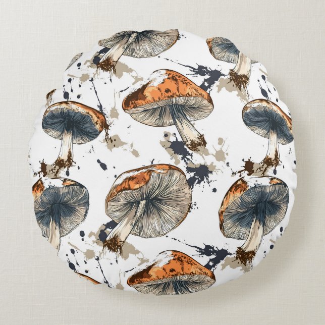 Aquarell Wald Pilze Design Rundes Kissen (Vorderseite)