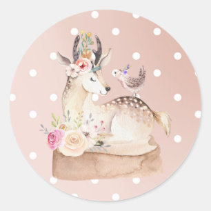 Aquarell Wald Reh & Vogel Babyparty Runder Aufkleber