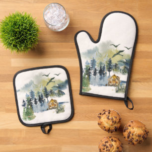 Aquarell-Waldszene Ofenhandschuh & Topflappen-Set
