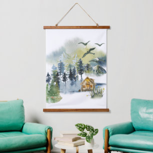 Aquarell-Waldszene Wandteppich Mit Holzrahmen