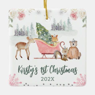 Aquarell-Waldtiere-Blumen 1. Weihnachten Keramikornament
