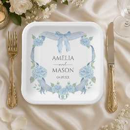 Aquarell-Wappen Blaue Hortensien-Hochzeit Pappteller