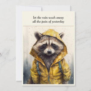 Aquarell-Waschbär in gelber Regenjacke emotionale Einladung