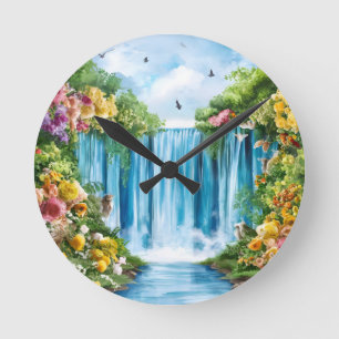 Aquarell-Wasserfall Runde Wanduhr