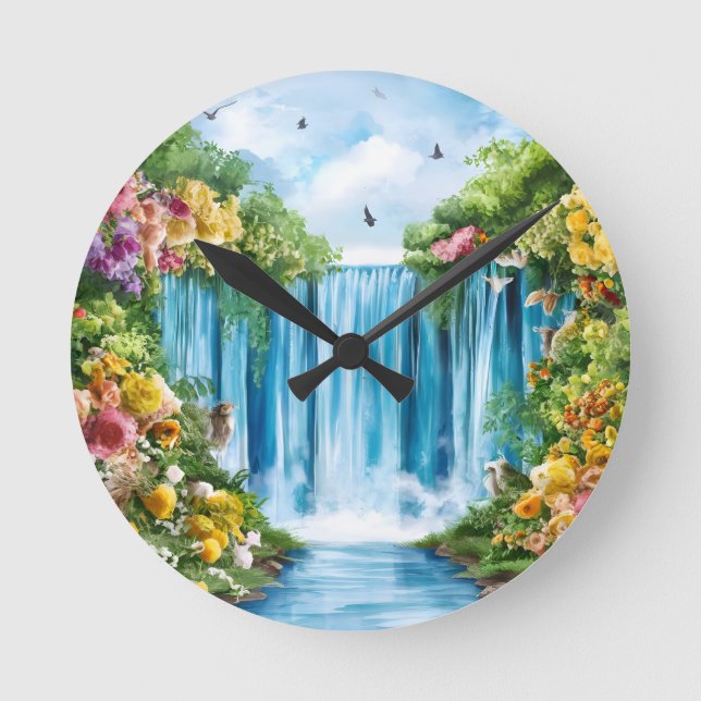 Aquarell-Wasserfall Runde Wanduhr (Vorderseite)