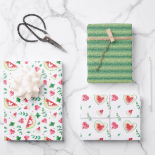 Aquarell Wassermelonen-Herzen & Grünzeug Geschenkpapier Set