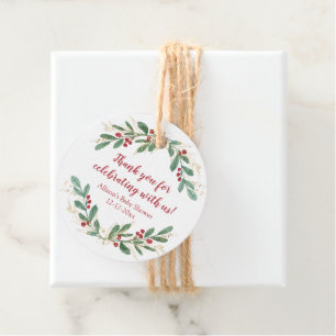 Aquarell-Weihnachten rote Stechpalmen goldgrüner R Geschenkanhänger