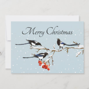 Aquarell-Weihnachten-Stechpalme-Elster-Vogel-Natur Karte