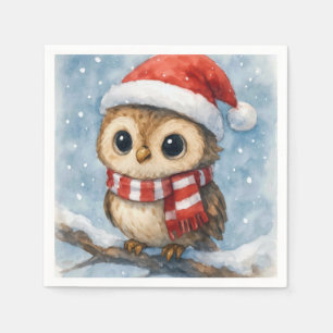 Aquarell-Weihnachts-Eule in Schneeflocken Serviette