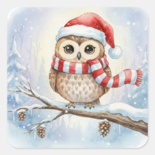 Aquarell-Weihnachts-Eule mit Santa-Hut Quadratischer Aufkleber