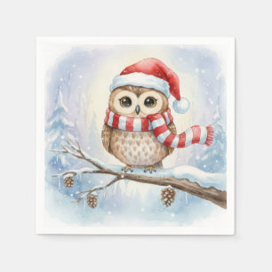 Aquarell-Weihnachts-Eule mit Santa-Hut Serviette