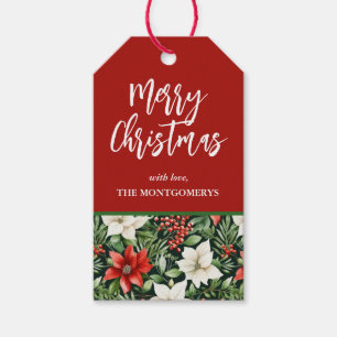 Aquarell-Weihnachts-Poinsettien und Beeren Geschenkanhänger