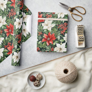 Aquarell-Weihnachts-Poinsettien und Beeren Geschenkpapier