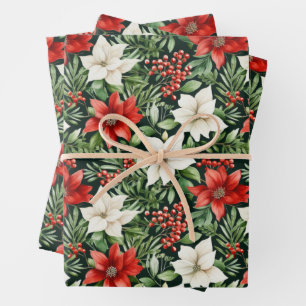 Aquarell-Weihnachts-Poinsettien und Beeren Geschenkpapier Set