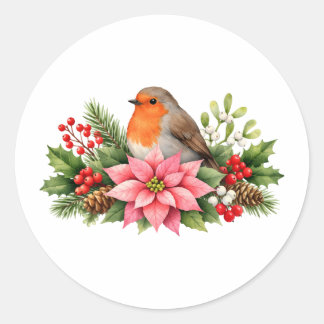 Aquarell-Weihnachts-Rotkehlchen mit Poinsettie Runder Aufkleber
