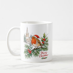 Aquarell-Weihnachts-Rotkehlchen mit Stechpalme und Kaffeetasse