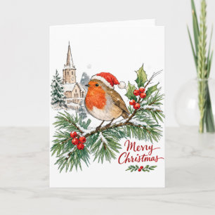 Aquarell-Weihnachts-Rotkehlchen mit Stechpalme und Karte