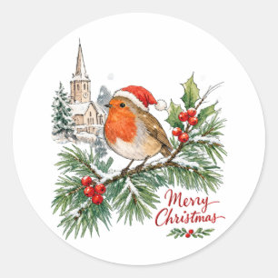 Aquarell-Weihnachts-Rotkehlchen mit Stechpalme und Runder Aufkleber