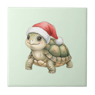 Aquarell-Weihnachts-Schildkröte-Santa-Hut Fliese