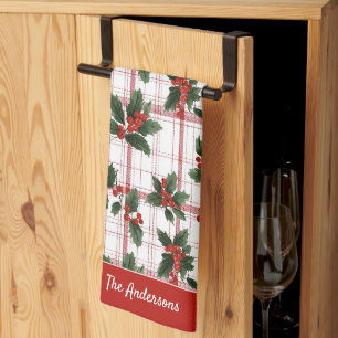 Aquarell-Weihnachts-Stechpalmen-Beeren-Karo-Famili Geschirrtuch