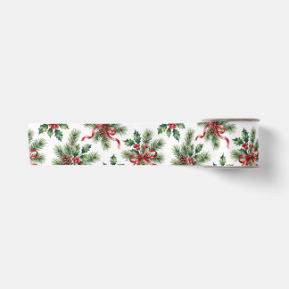 Aquarell-Weihnachts-Tannenzapfen- und Stechpalmenb Satinband
