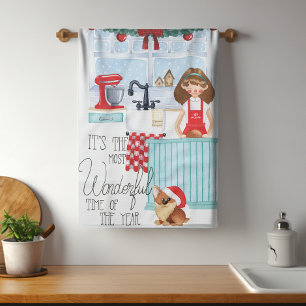 Aquarell-Weihnachtsbäckerei-Mädchen und Hund Geschirrtuch