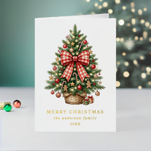 Aquarell-Weihnachtsbaum Roter Gingham-Bogen Foto