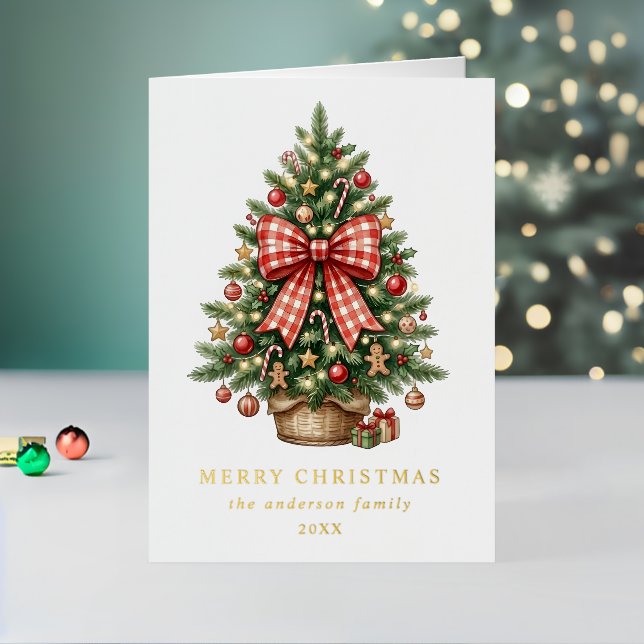 Aquarell-Weihnachtsbaum Roter Gingham-Bogen Foto (Feiertag In Situ 2)