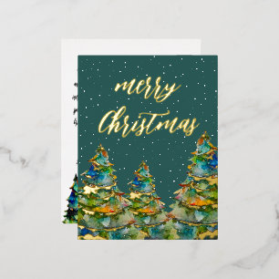 Aquarell-Weihnachtsbaum-Schneeflocken Grün Gold Folien Feiertagspostkarte