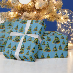 Aquarell-Weihnachtsbaum-Schneeflocken-Zeichnung Bl Geschenkpapier