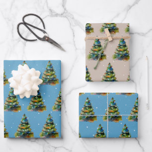 Aquarell-Weihnachtsbaum-Schneeflocken-Zeichnung Bl Geschenkpapier Set