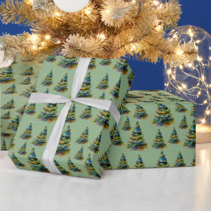 Aquarell-Weihnachtsbaum-Schneeflocken-Zeichnung Gr Geschenkpapier