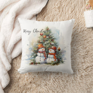 Aquarell-Weihnachtsbaum und Schneemänner Kissen