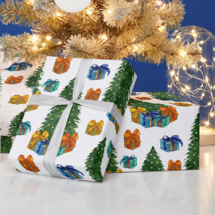 Aquarell-Weihnachtsbäume und Geschenkboxen Geschenkpapier