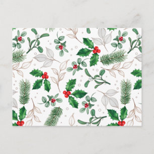 Aquarell-Weihnachtsblätter und Beeren Weiß Postkarte