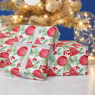 Aquarell-Weihnachtsdekoration Rot, Tannenzweige Geschenkpapier