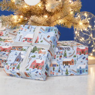 Aquarell-Weihnachtsdorf Hellblau Geschenkpapier