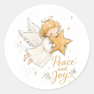 Aquarell-Weihnachtsengel mit Stern Runder Aufkleber