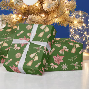 Aquarell-Weihnachtsglocken, Poinsettie Grün Geschenkpapier