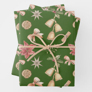 Aquarell-Weihnachtsglocken, Poinsettie Grün Geschenkpapier Set