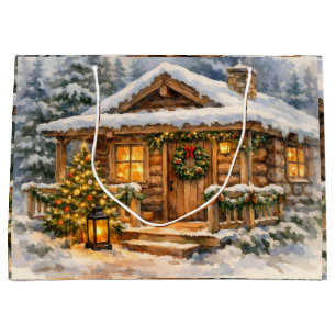 Aquarell-Weihnachtshütte im Wald  Große Geschenktüte